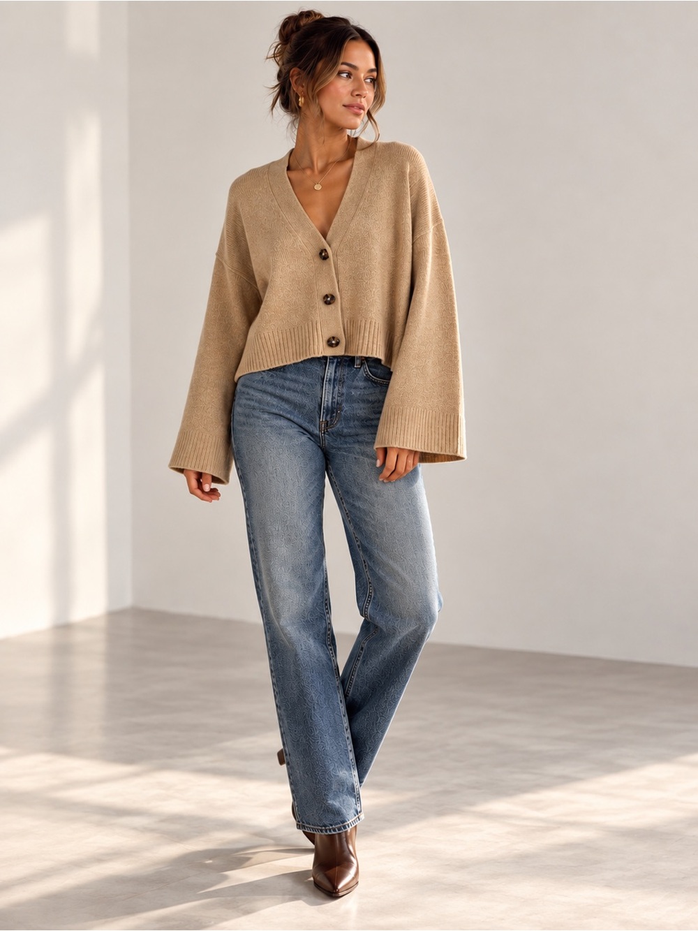 FRAME | 100% Cashmere Caramel Heather Cropped Cardigan Sweater Size Large